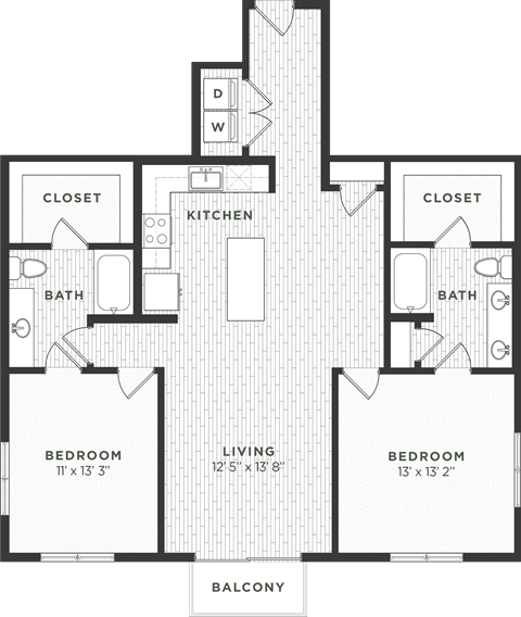 Floor plan for 2 beds, 2 baths, 1260 sqft